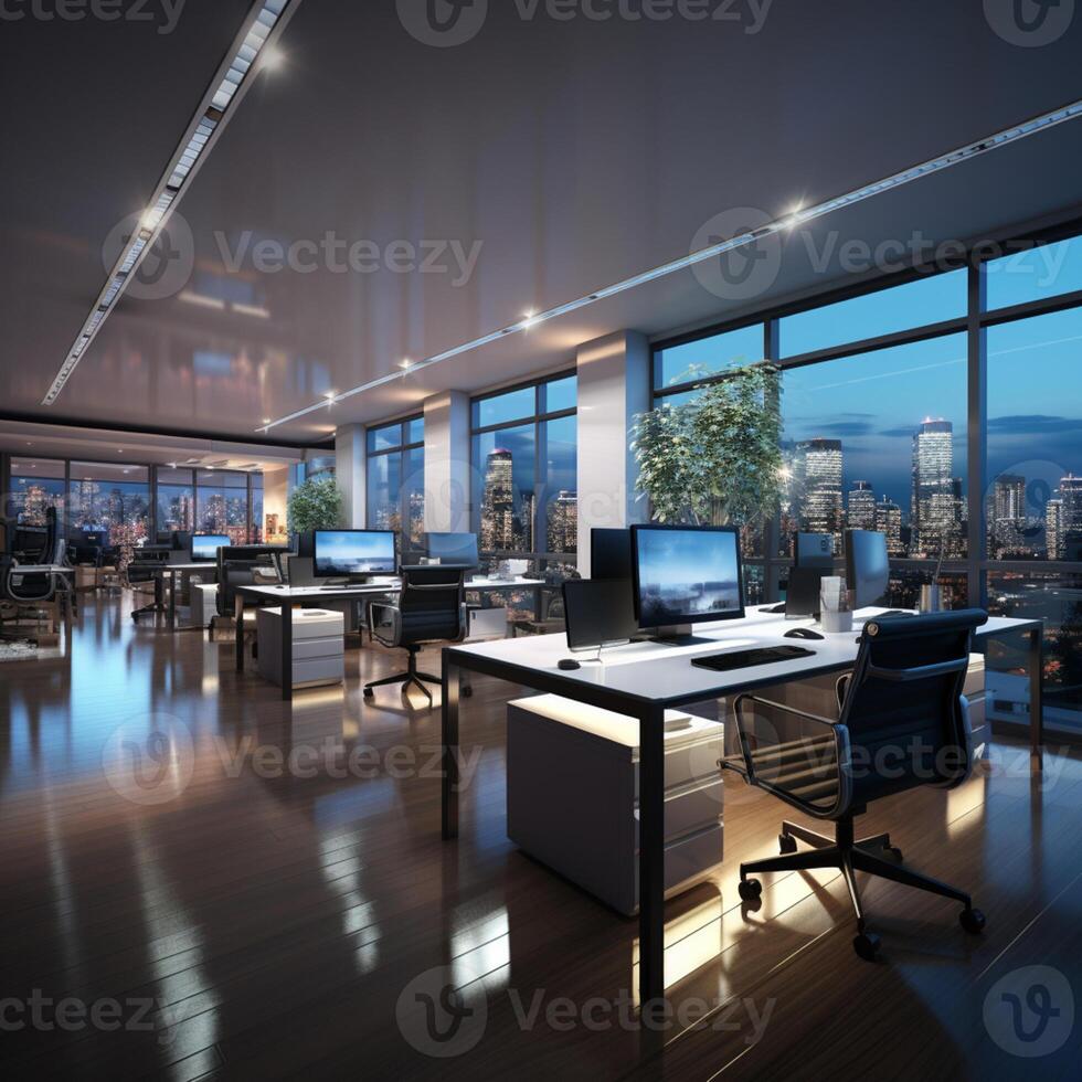 AI generated Interior design Modern Creative office foyer, Corporate open workspace, Co working office room photo