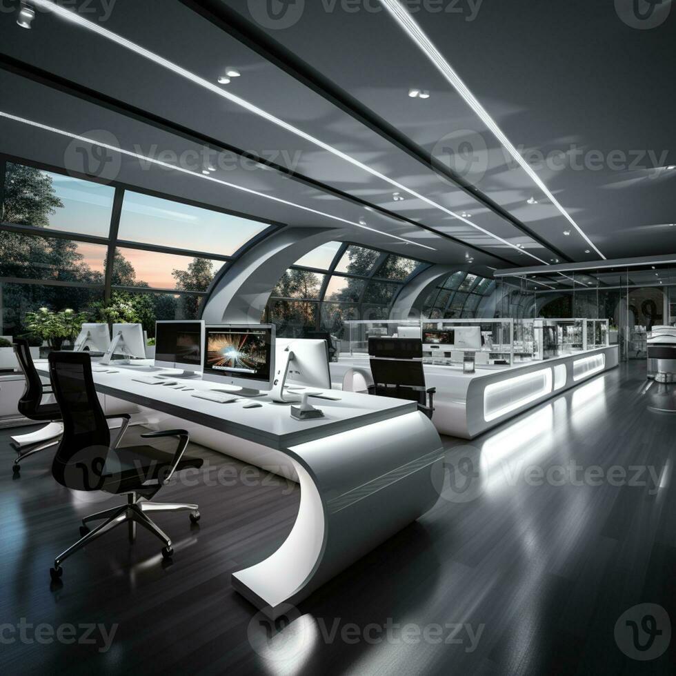 AI generated Interior design Modern Creative office foyer, Corporate open workspace, Co working office room photo