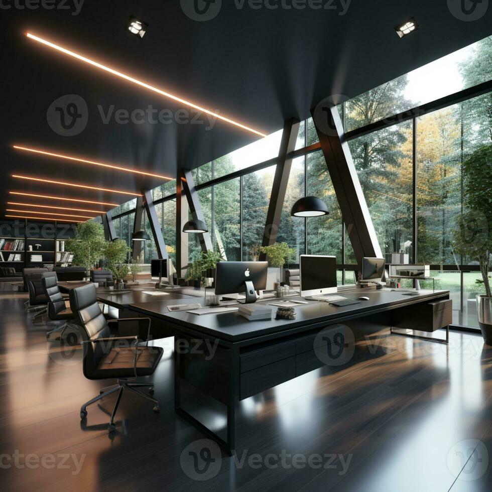 AI generated Interior design Modern Creative office foyer, Corporate open workspace, Coworking office room photo