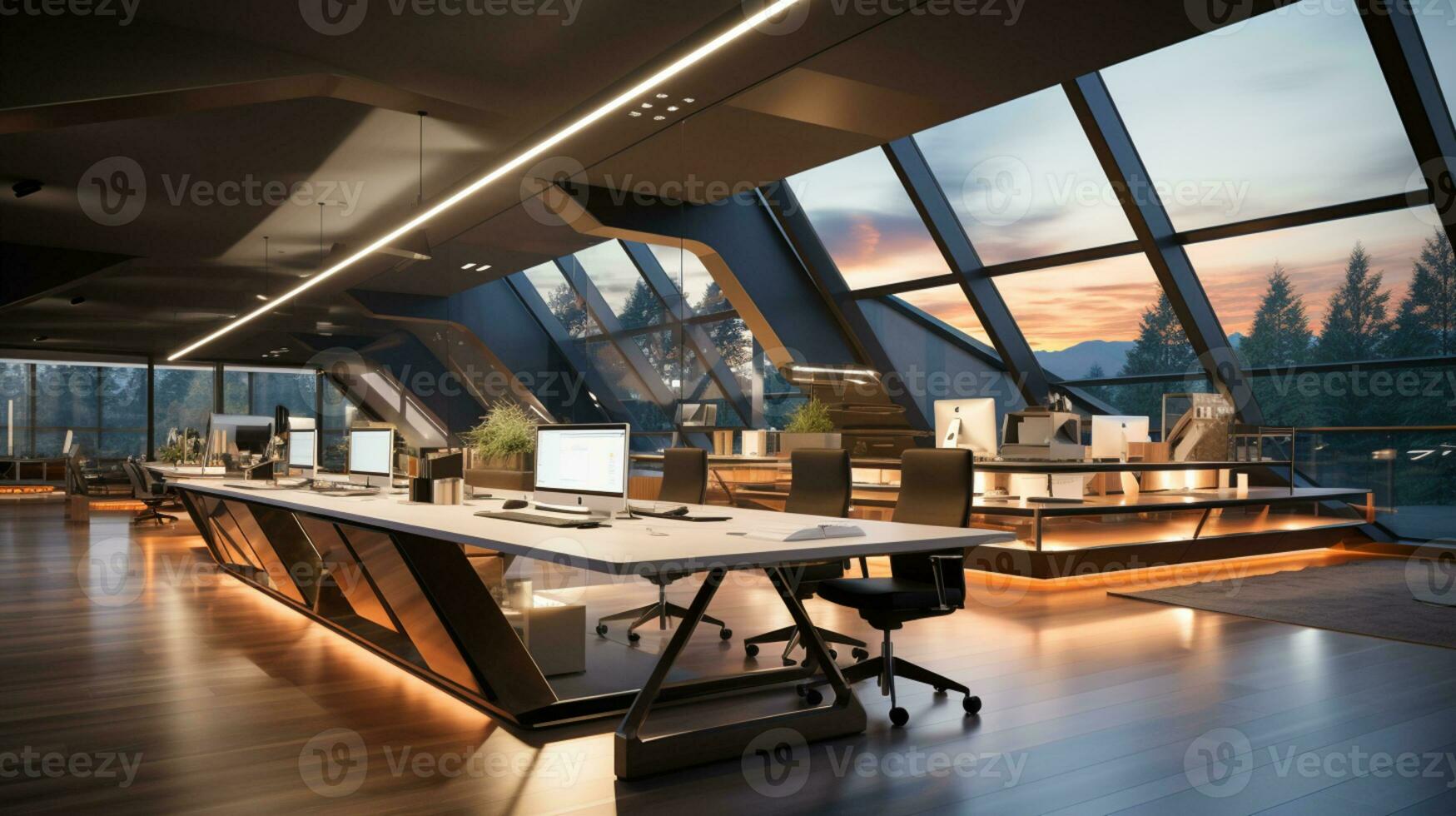AI generated Interior design Modern Creative office foyer, Corporate open workspace, Coworking office room photo