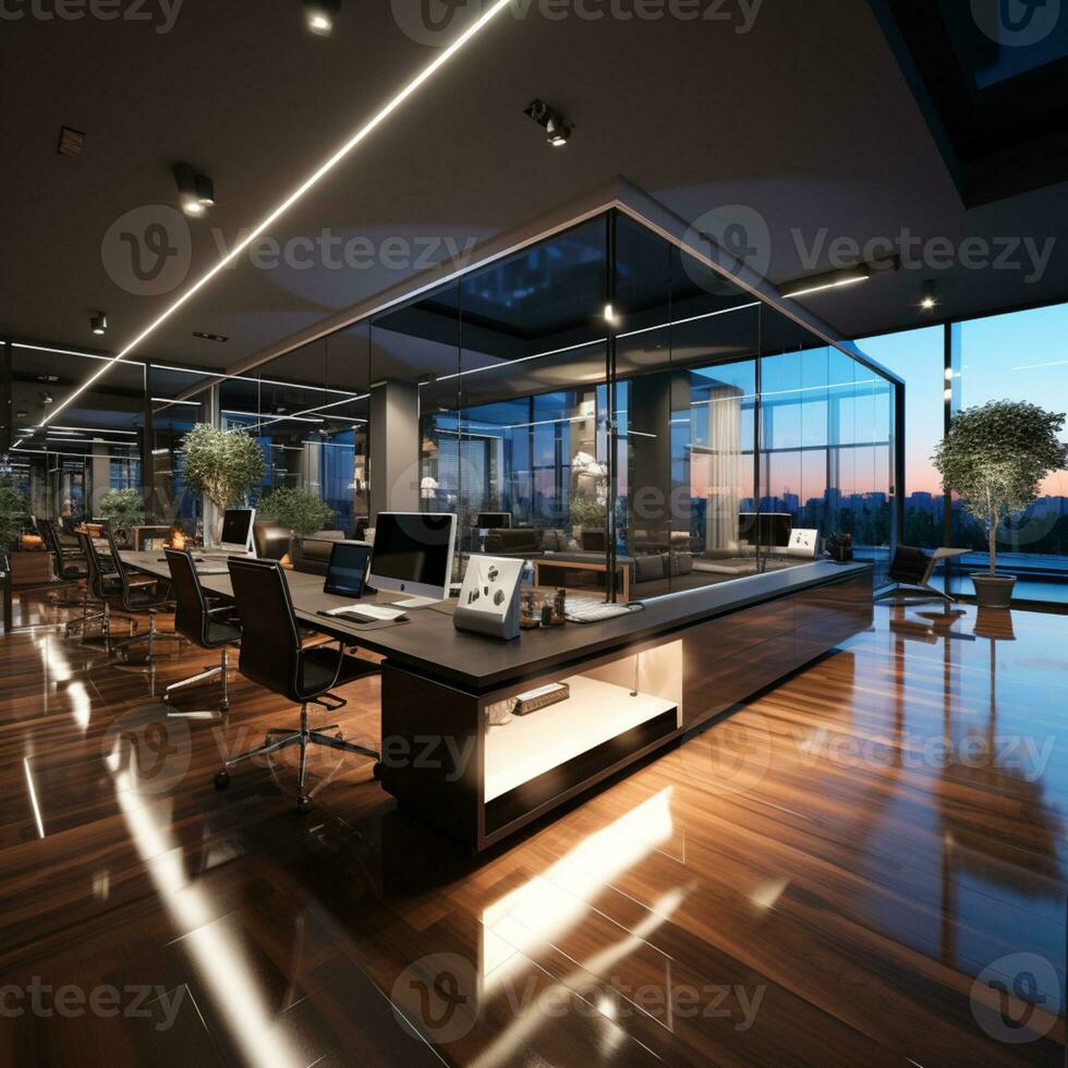 AI generated Interior design Modern Creative office foyer, Corporate open workspace, Coworking office room photo