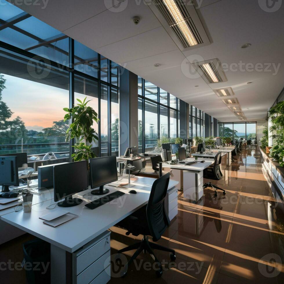 AI generated Interior design Modern Creative office foyer, Corporate open workspace, Coworking office room photo