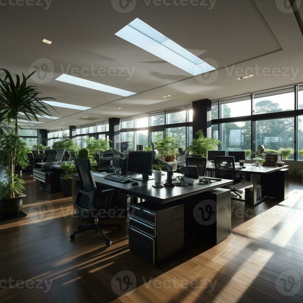 AI generated Interior design Modern Creative office foyer, Corporate open workspace, Coworking office room photo