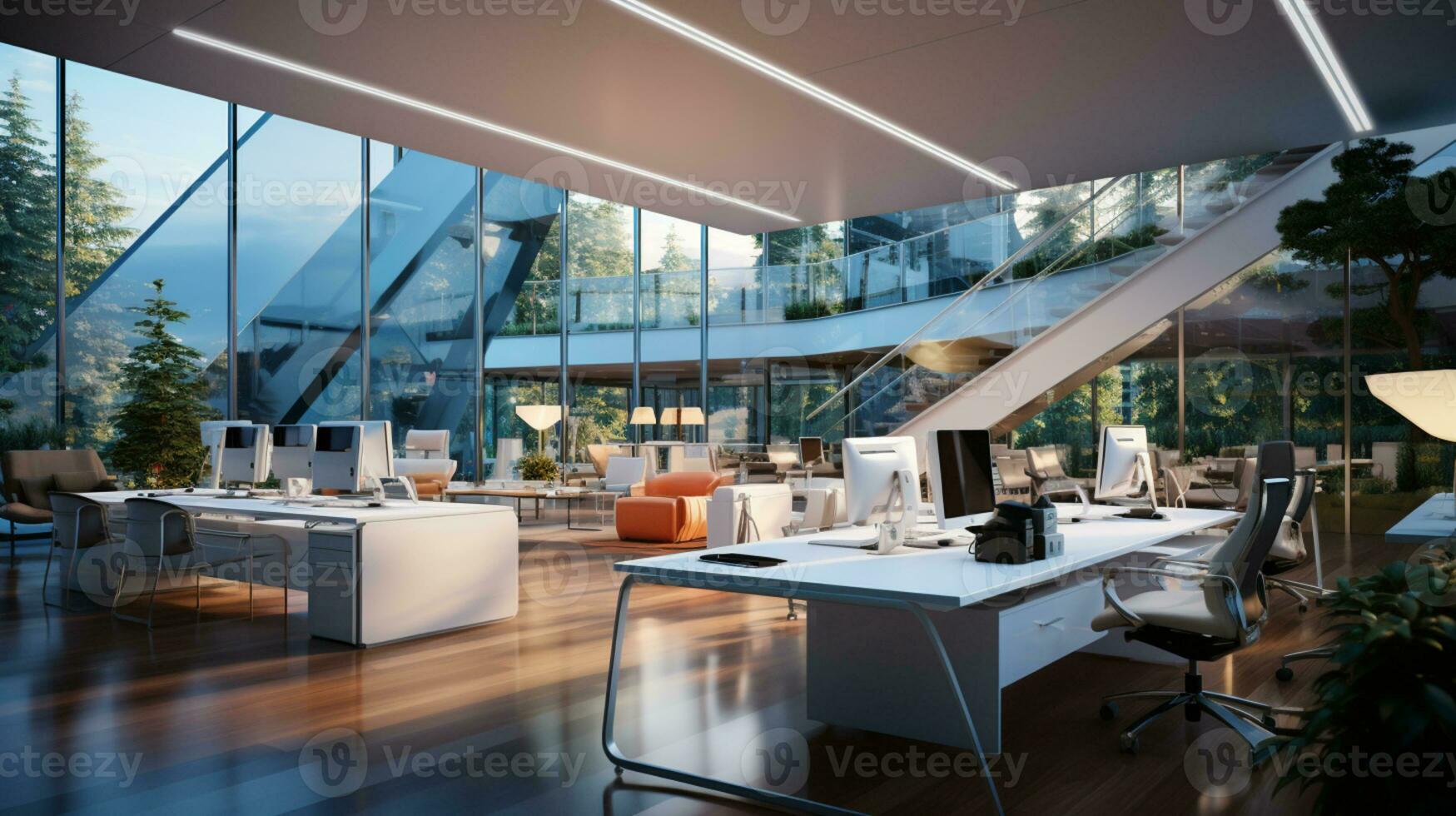 AI generated Interior design Modern Creative office foyer, Corporate open workspace, Coworking office room photo