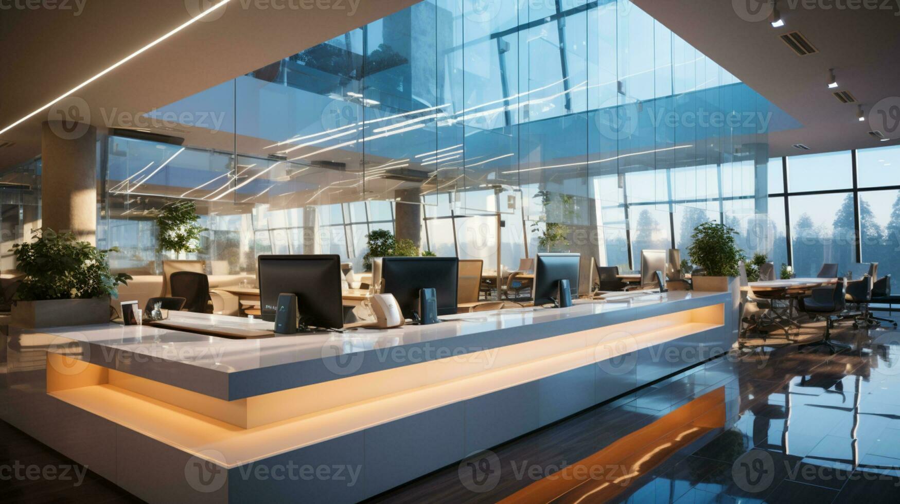 AI generated Interior design Modern Creative office foyer, Corporate open workspace, Coworking office room photo