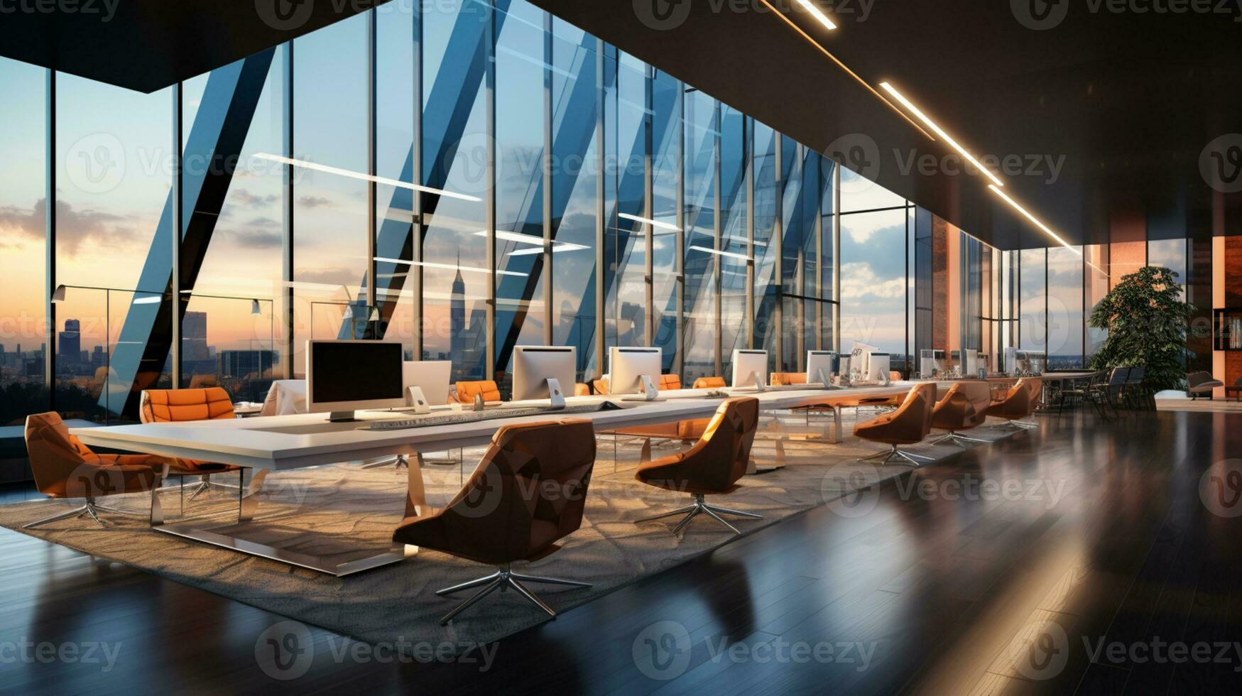 AI generated Interior design Modern Creative office foyer, Corporate open workspace, Coworking office room photo