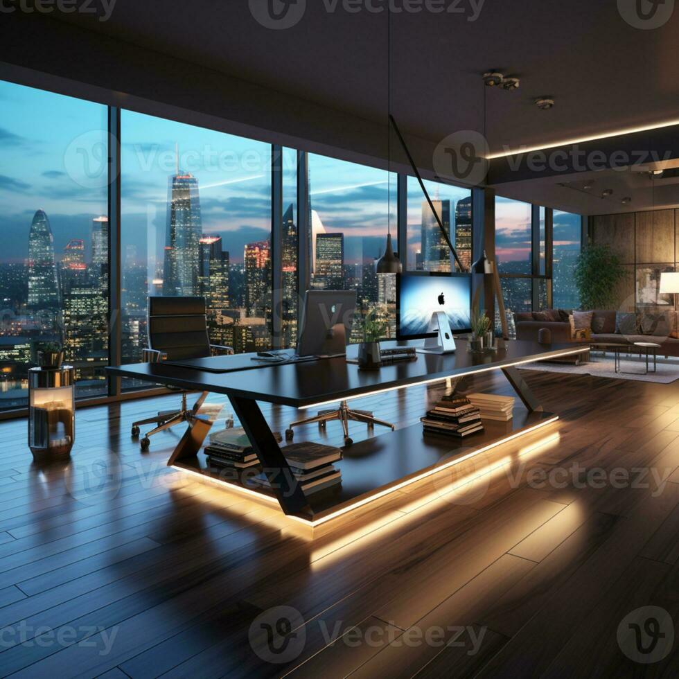 AI generated Interior design Modern Creative office foyer, Corporate open workspace, Coworking office room photo