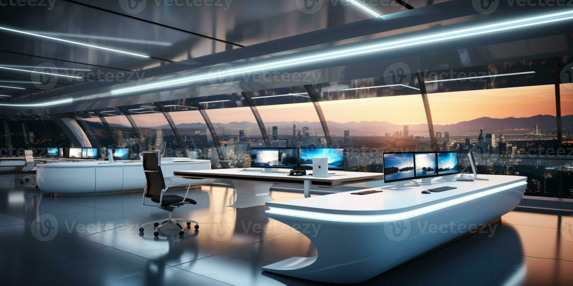 AI generated Interior design Modern Creative office foyer, Corporate open workspace, Coworking office room photo