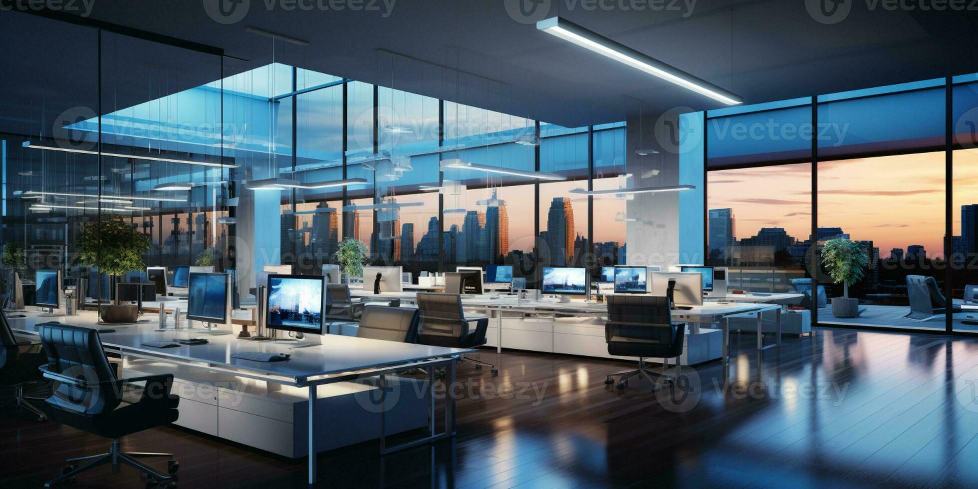 AI generated Interior design Modern Creative office foyer, Corporate open workspace, Coworking office room photo