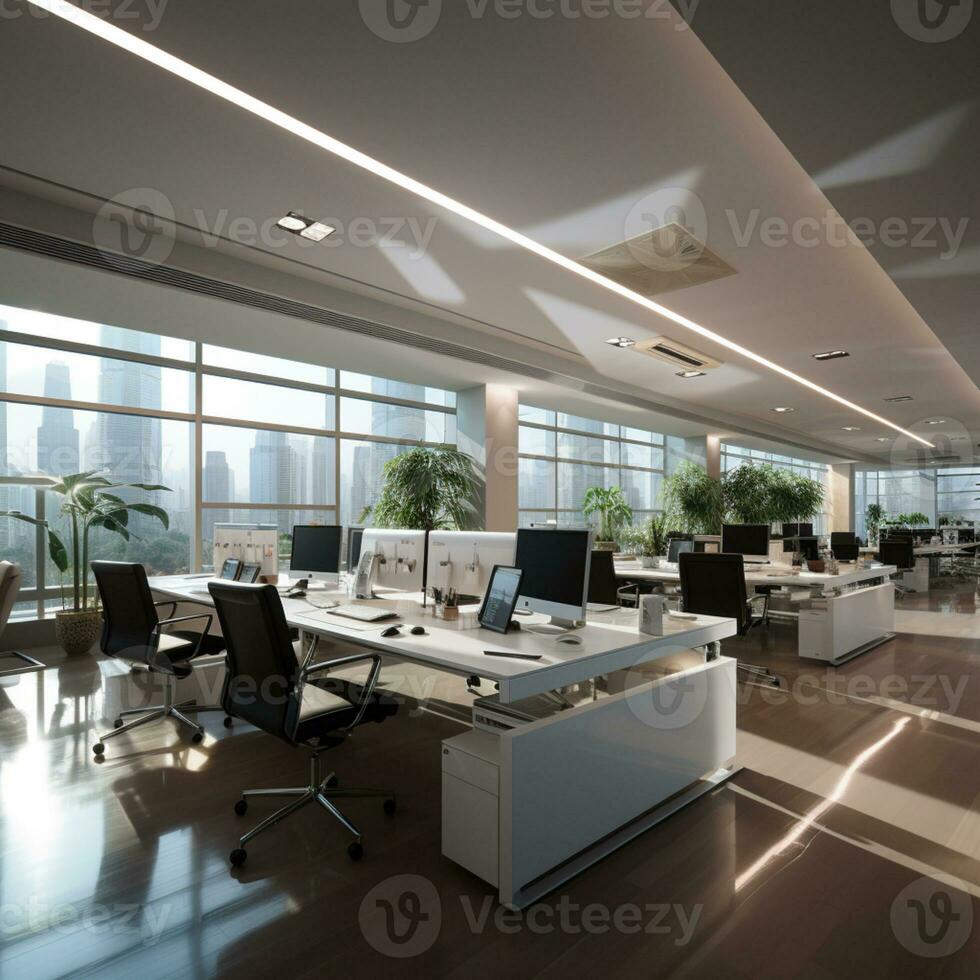 AI generated Interior design Modern Creative office foyer, Corporate open workspace, Coworking office room photo