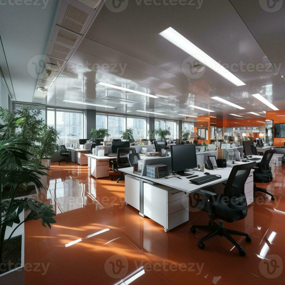 AI generated Interior design Modern Creative office foyer, Corporate open workspace, Coworking office room photo