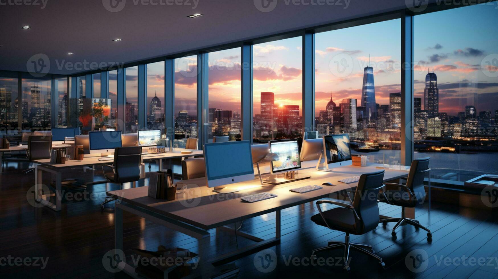 AI generated Interior design Modern Creative office foyer, Corporate open workspace, Coworking office room photo