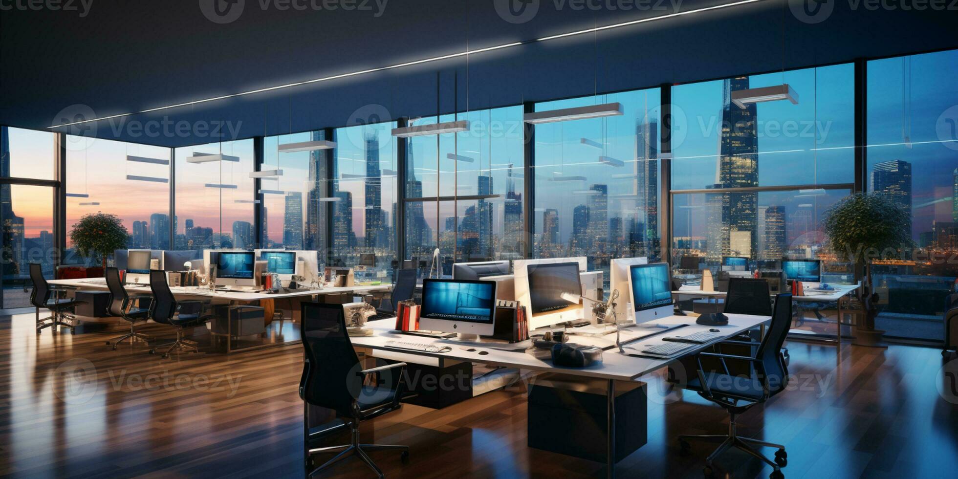 AI generated Interior design Modern Creative office foyer, Corporate open workspace, Coworking office room photo