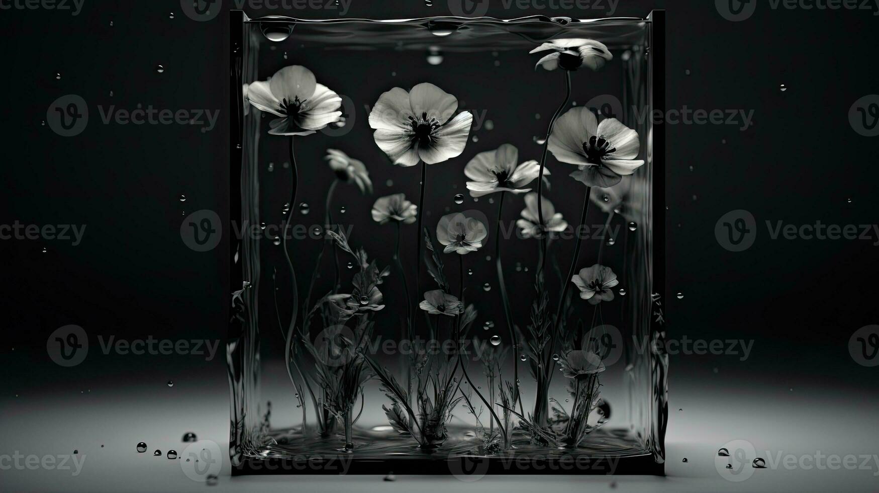 Monochrome flowers in liquid cube abstract minimal background. Generative AI photo