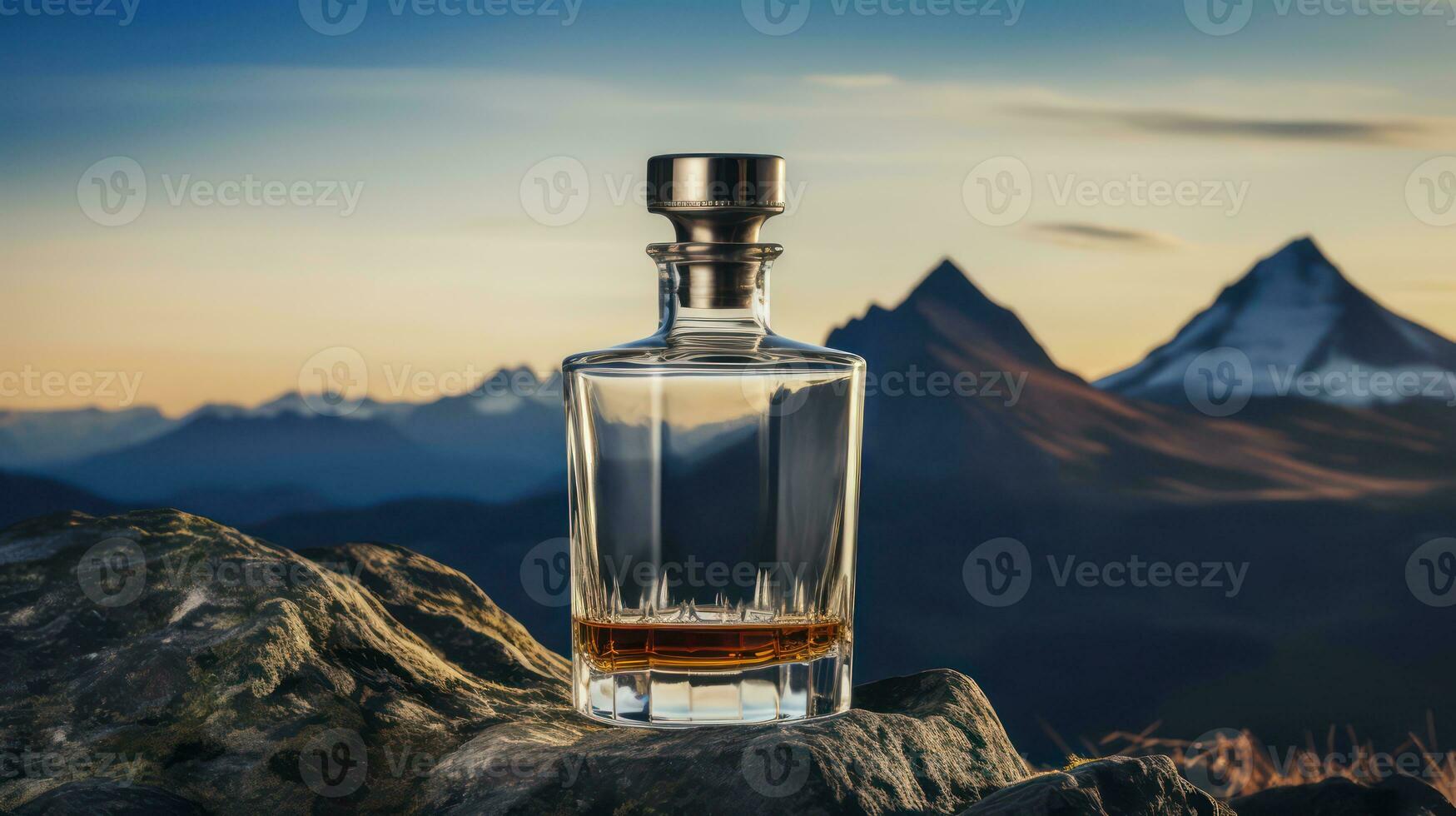 Decanter of whiskey on mountain landscape background. Generative AI photo