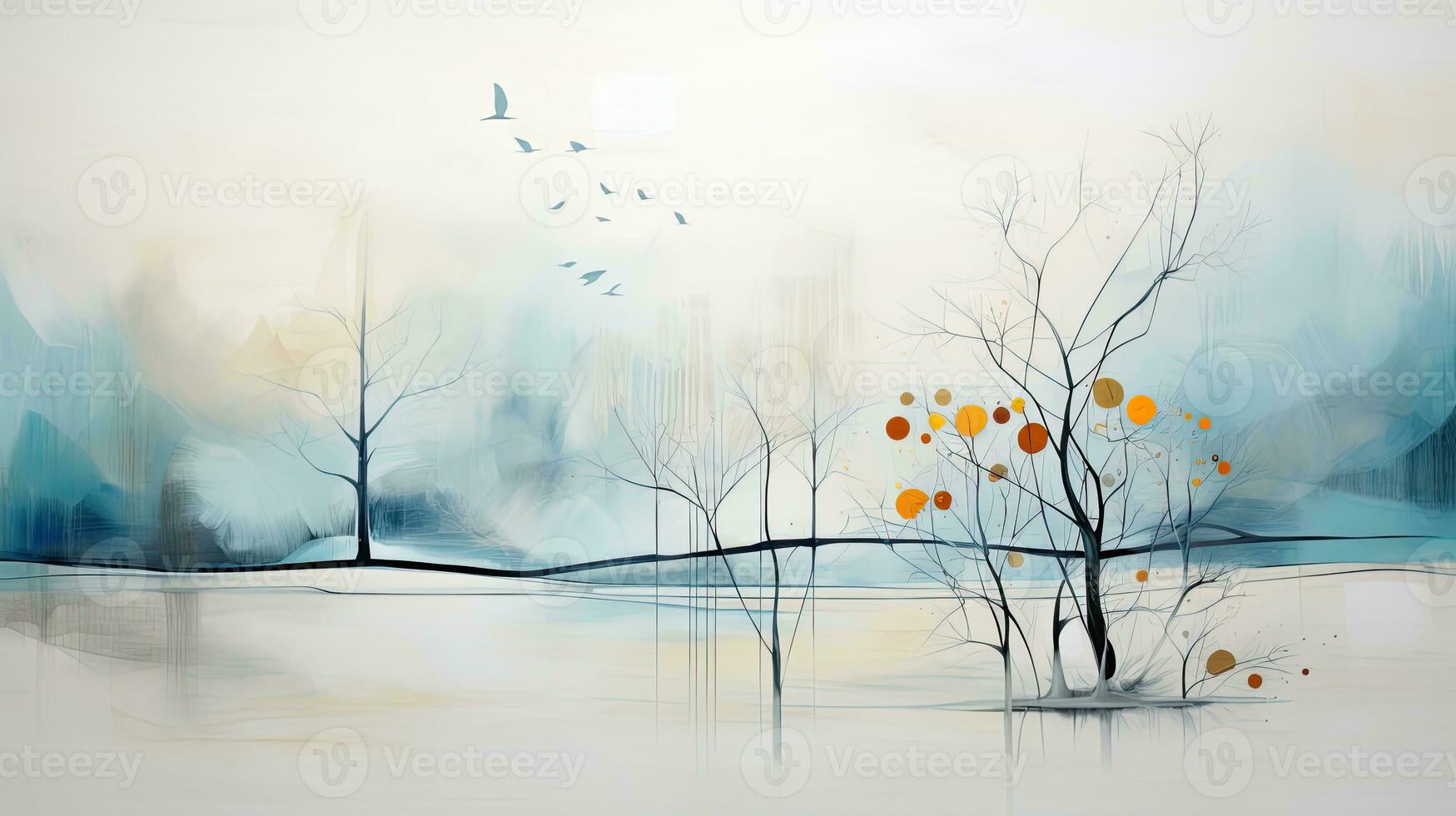 Abstract trees in winter overcast watercolor landscape. Generative AI photo
