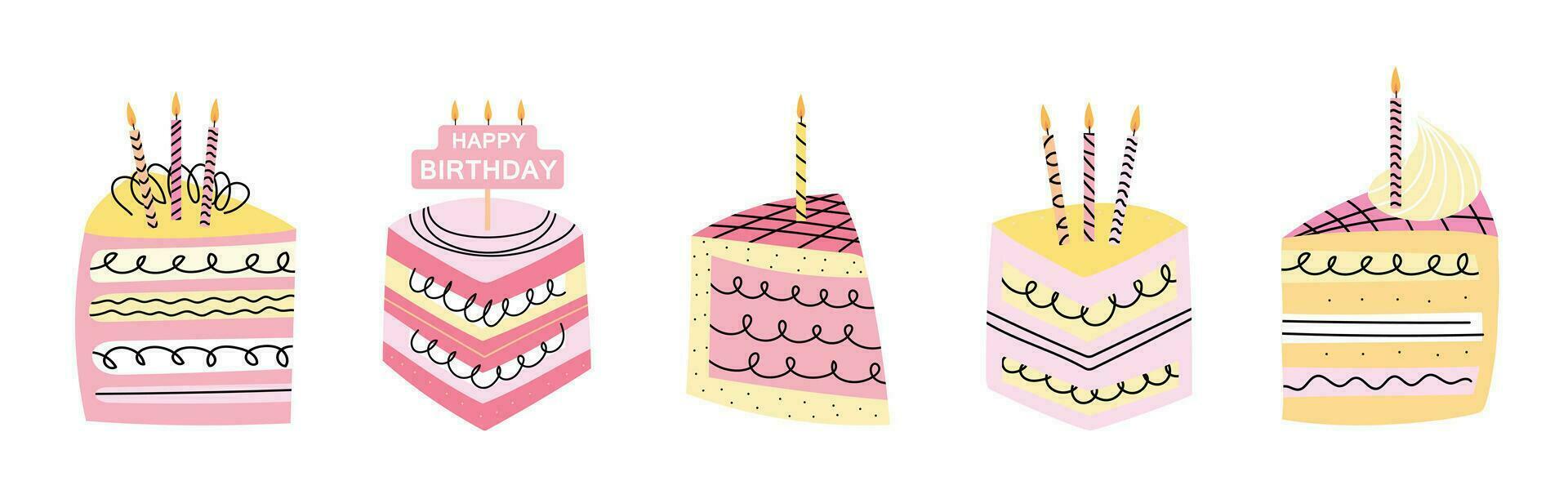 Hand drawn set of pink pieces of cakes and candles isolated on white background. Set of decorative slices of cakes. Vector design elements for postcards, stickers, label, logo and etc.
