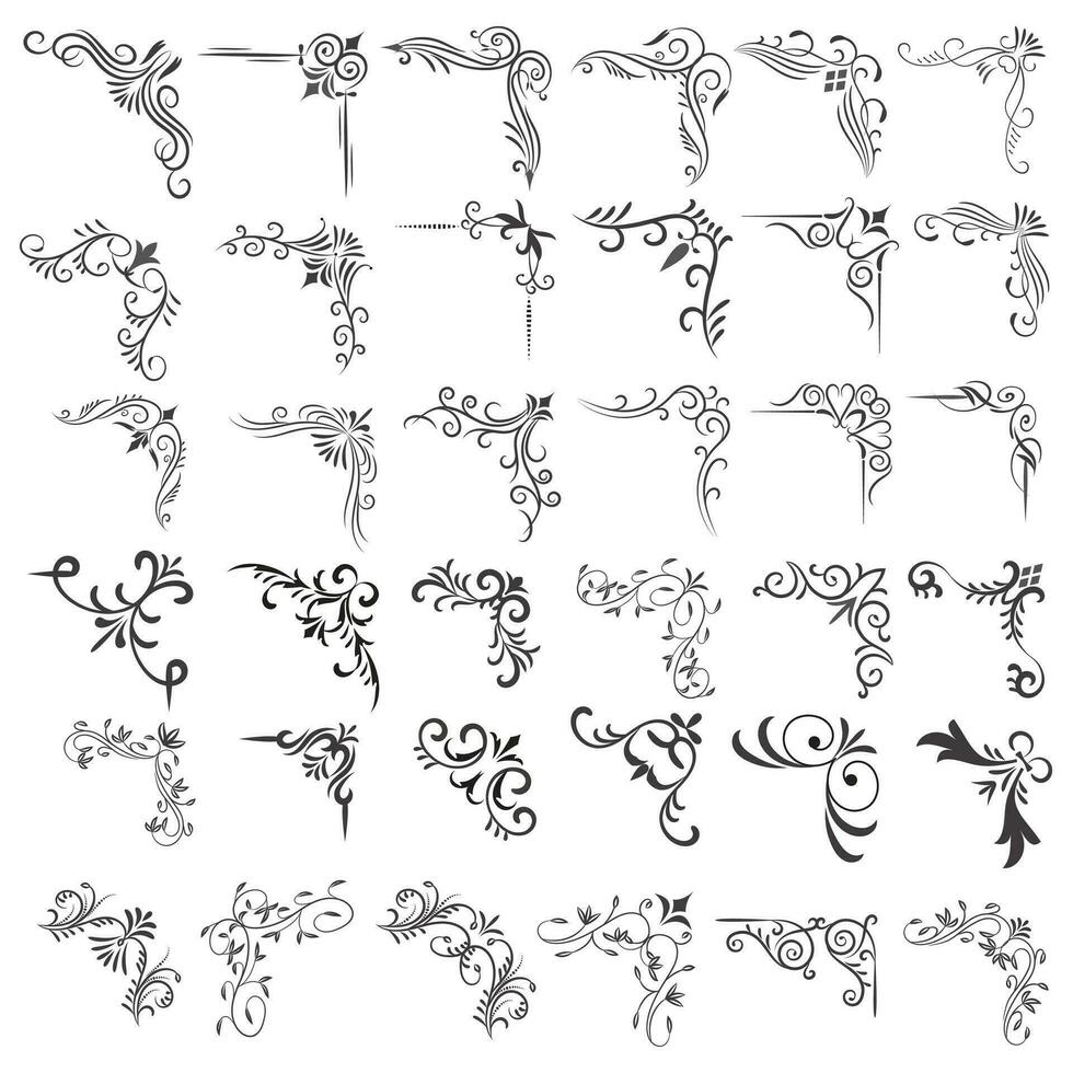 Vector illustration of decorative corner frame set. Set Hand Draw of Corners Different Shapes Flower Decoration Vector Design Doodle Sketch Style for Wedding and Banner.