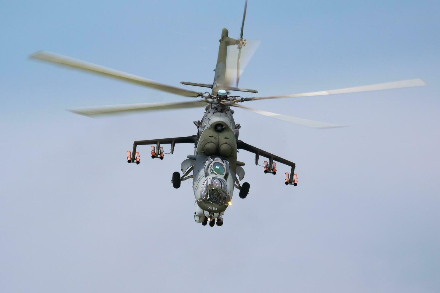 Sliac, Slovakia, 2018 - Military helicopter at air base. Air force flight operation. Aviation and aircraft. Air defense. Military industry. Fly and flying. photo