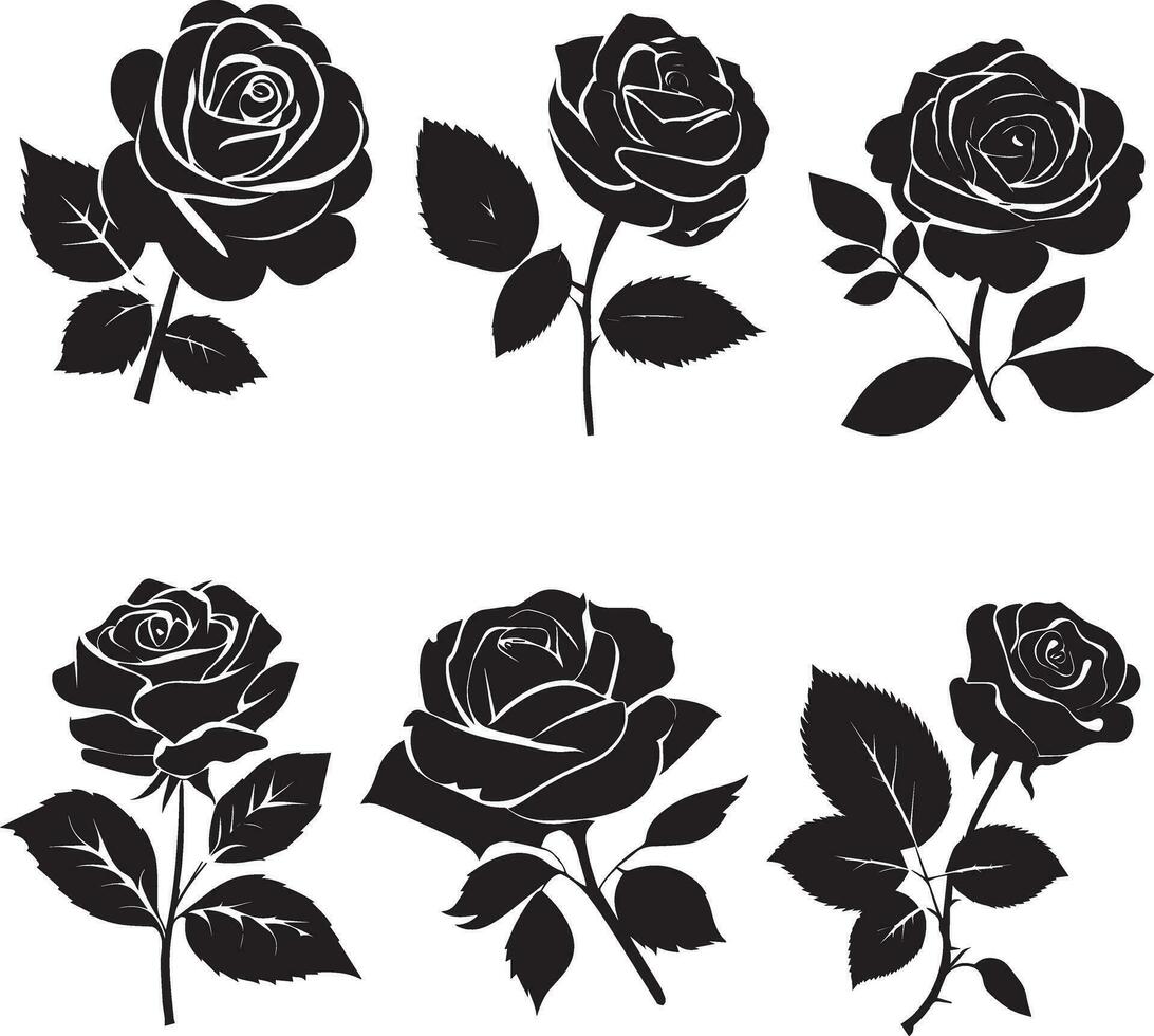 Rose Vector silhouette illustration black color group of set 3