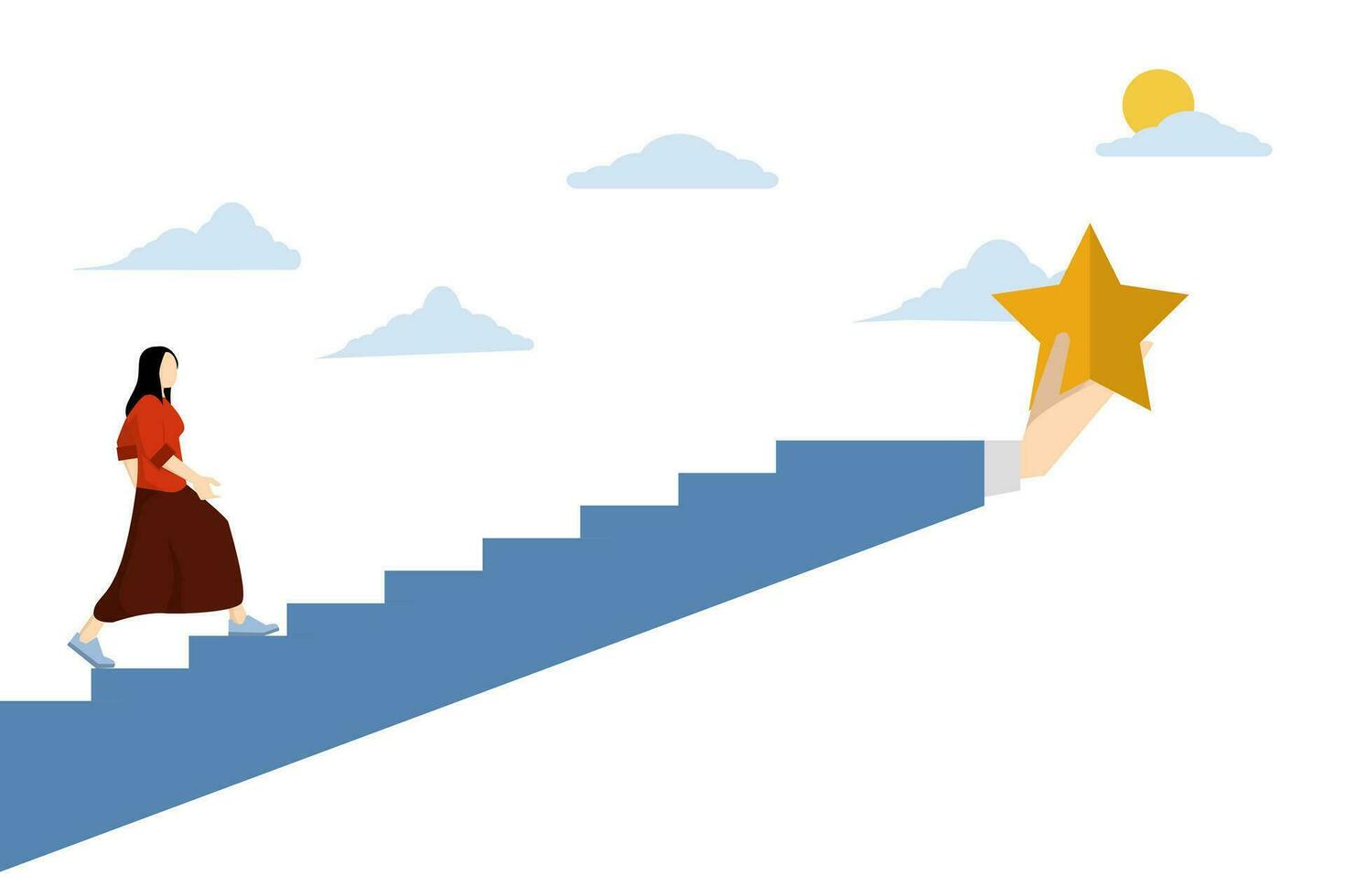 concept of success, vision of leading a business to achieve goals or opportunities in a career, concept of a smart and confident person climbing the ladder to reach the stars at the top. vector