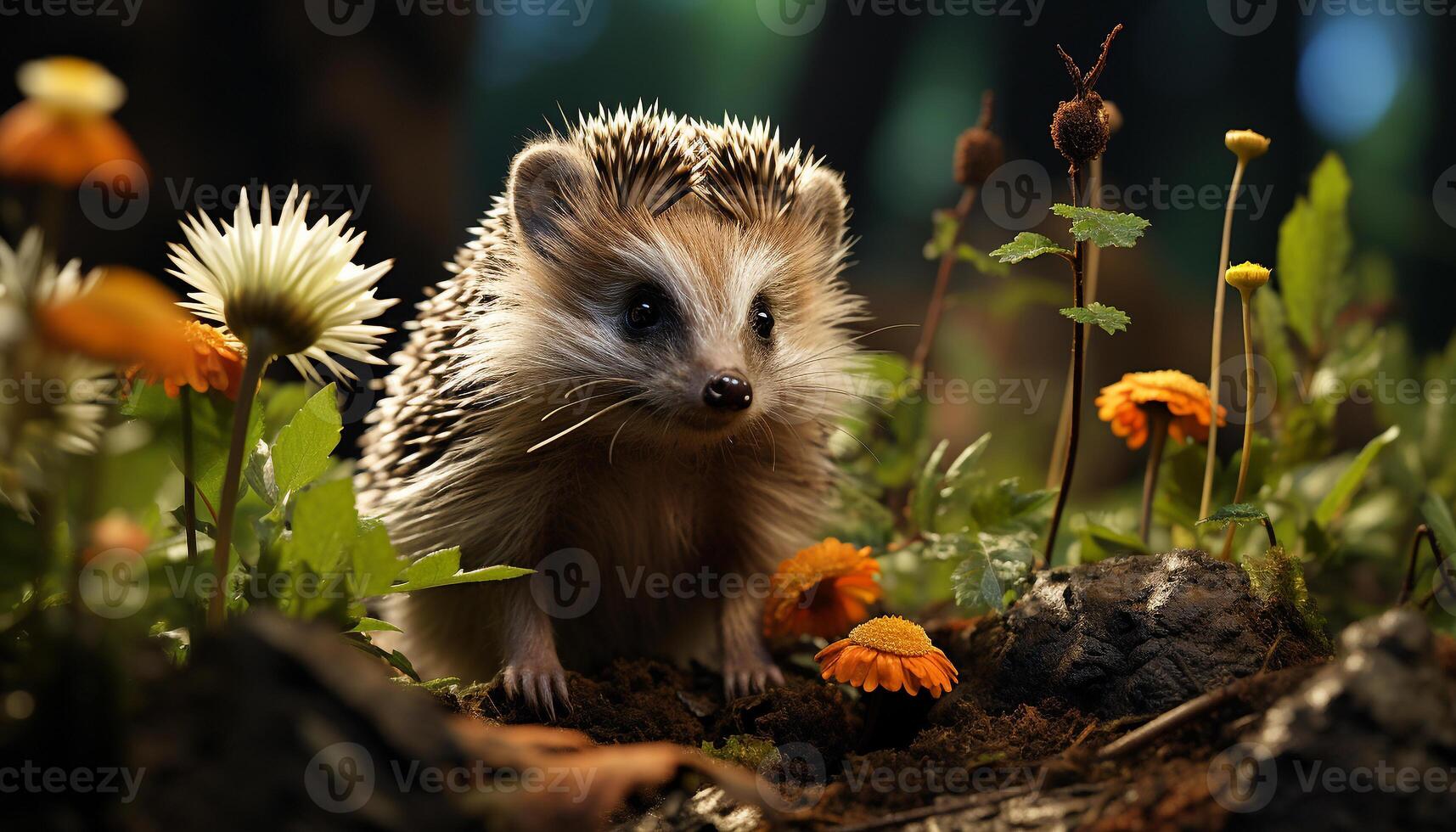 AI generated Cute hedgehog sitting on grass, alert in autumn forest generated by AI photo