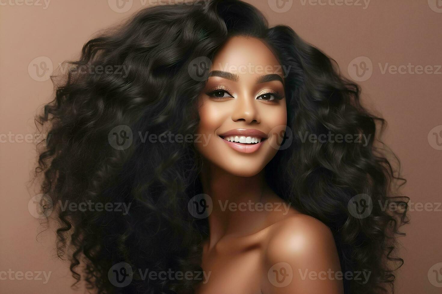 AI generated Young black woman with smooth skin and beautiful long, black, flowing hair. Beauty and cosmetics advertising concept image. photo