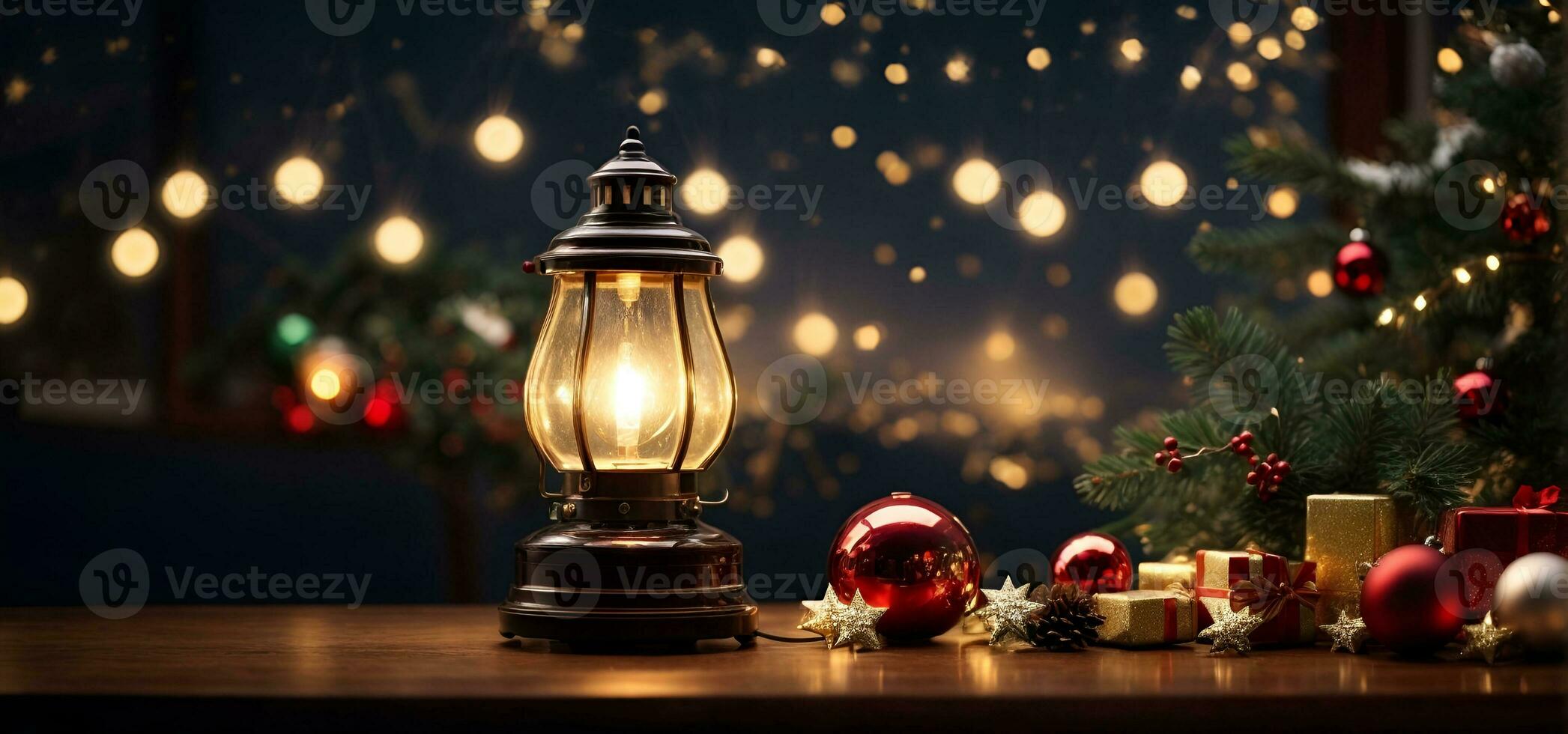 AI generated A lantern and Christmas ornaments on a wooden table, with festive lights in the background. Cozy festive background. photo