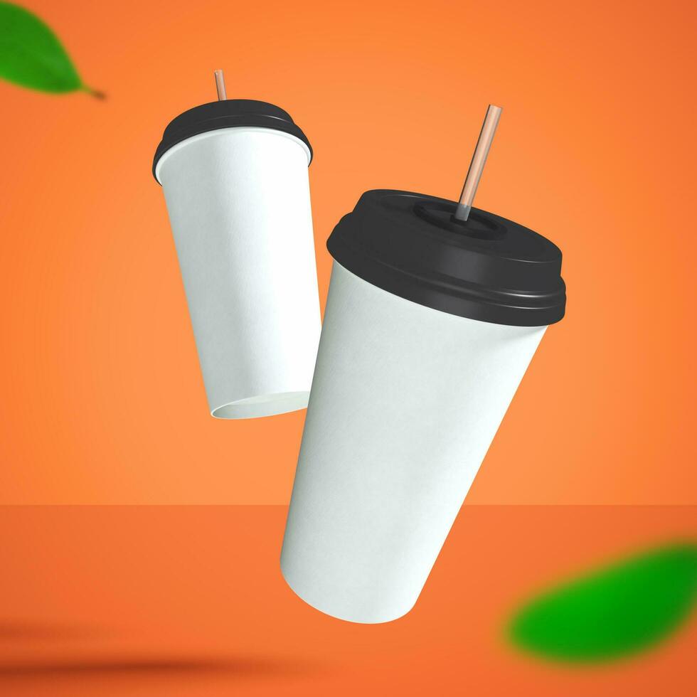 Realistic soda bottle mockups on wooden table, Front view of white disposable paper cup with white insulated lid and straw, Soda bottles for branding. photo