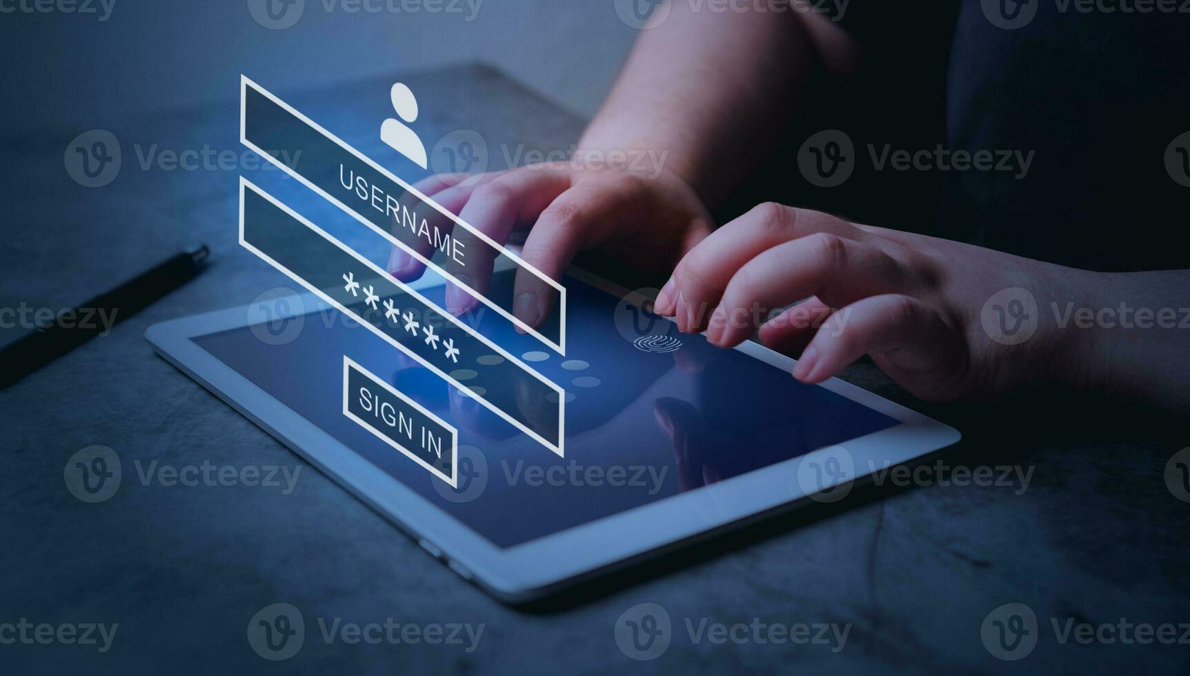 Woman use digital tablet to login with holographic authentication interface. Cyber security concept. Data protection and secured internet access. photo