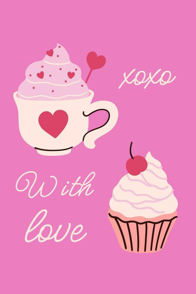 San Valentín día póster o tarjeta con bebida y pastel. vector gráficos.