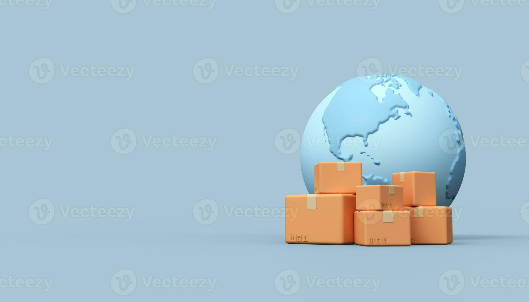 Logistics, delivery worldwide. Image of planet earth and cardboard boxes. 3d render photo