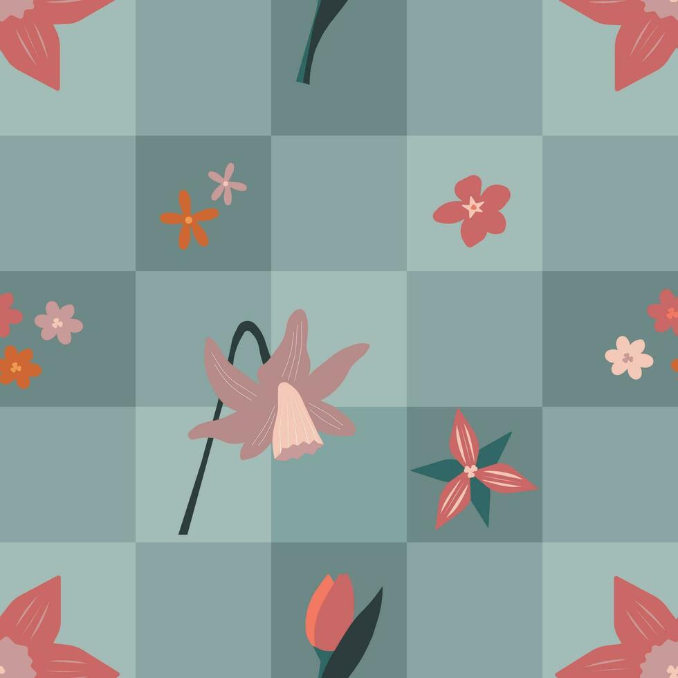 Vector seamless pattern. Minimalistic floral elements on color blocks. Wallpaper, background, paper or textile print.