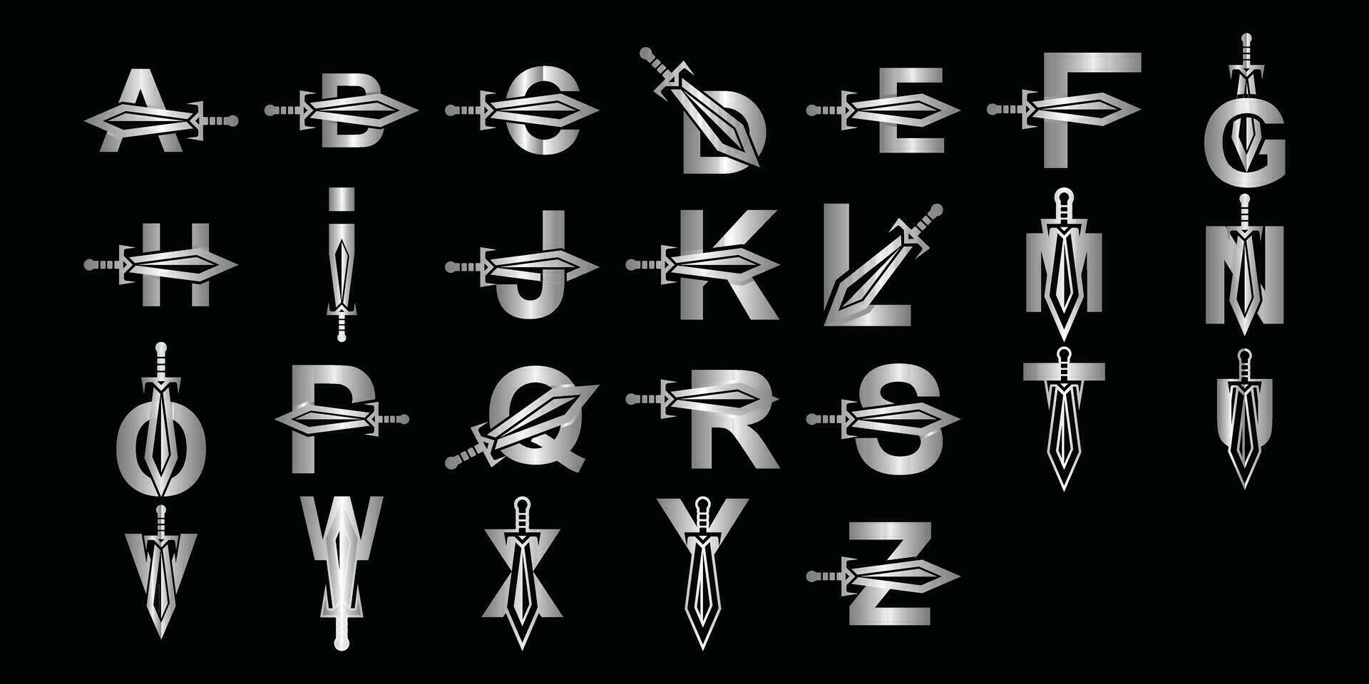 conjunto colección letra un a z con espada logo, Caballero otorgar, medieval real modelo icono vector