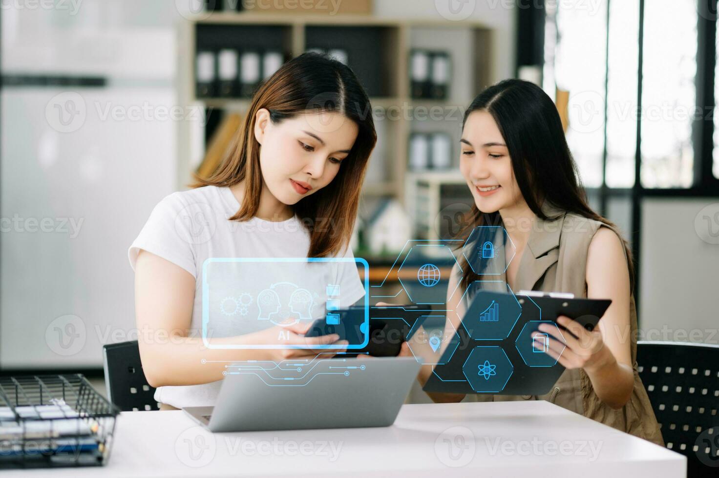 Woman using chat bot in smartphone intelligence Ai. Chat with AI Artificial Intelligence, developed by OpenAI generate. robot photo