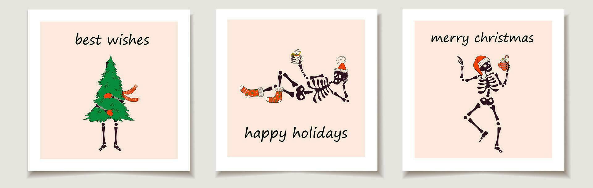 Christmas vector gift card or tag set with Funny Skeleton with with decoration christmas. Cute ladies. Merry christmas lettering, best wishes