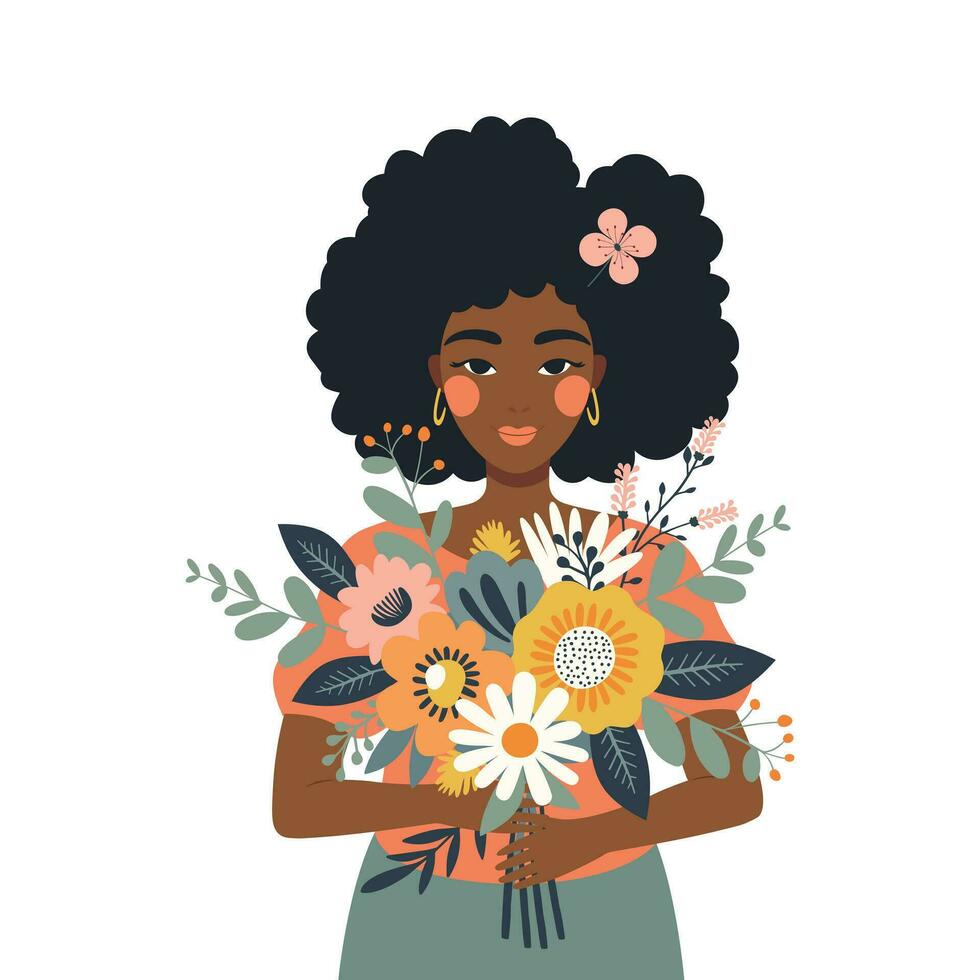 Girl with a bouquet of flowers. vector