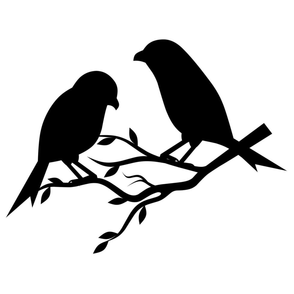 Vector Silhouette of a Pair of Birds on a Branch, Silhouette of Birds in LoveIsolated on White Background, Wall Sticker, Pair of Birds in Love, Wall Decoration, Silhouette of Romantic Birds on a Branc