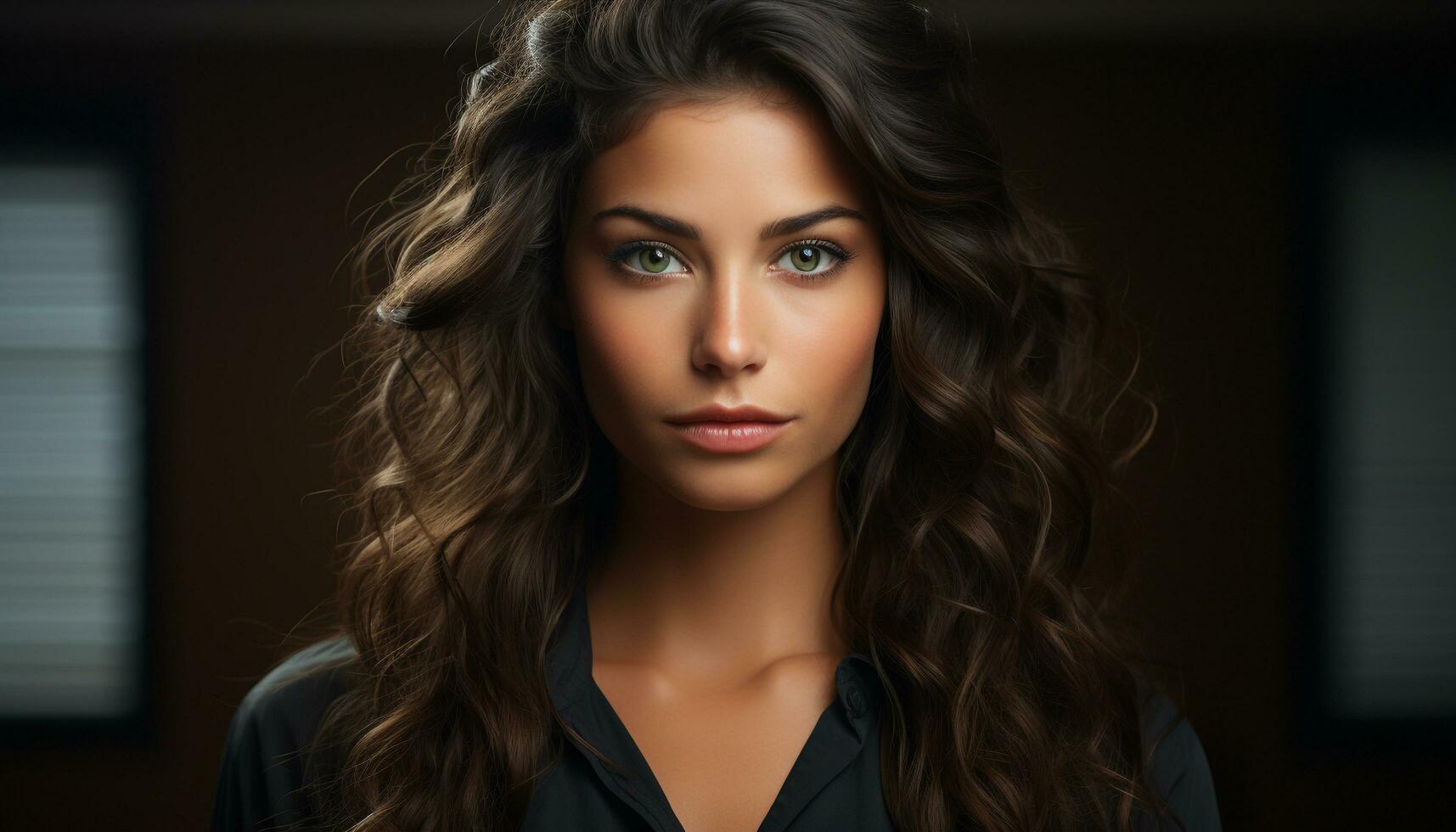 AI generated Beautiful woman with brown hair looking at camera, sadness in her eyes generated by AI photo