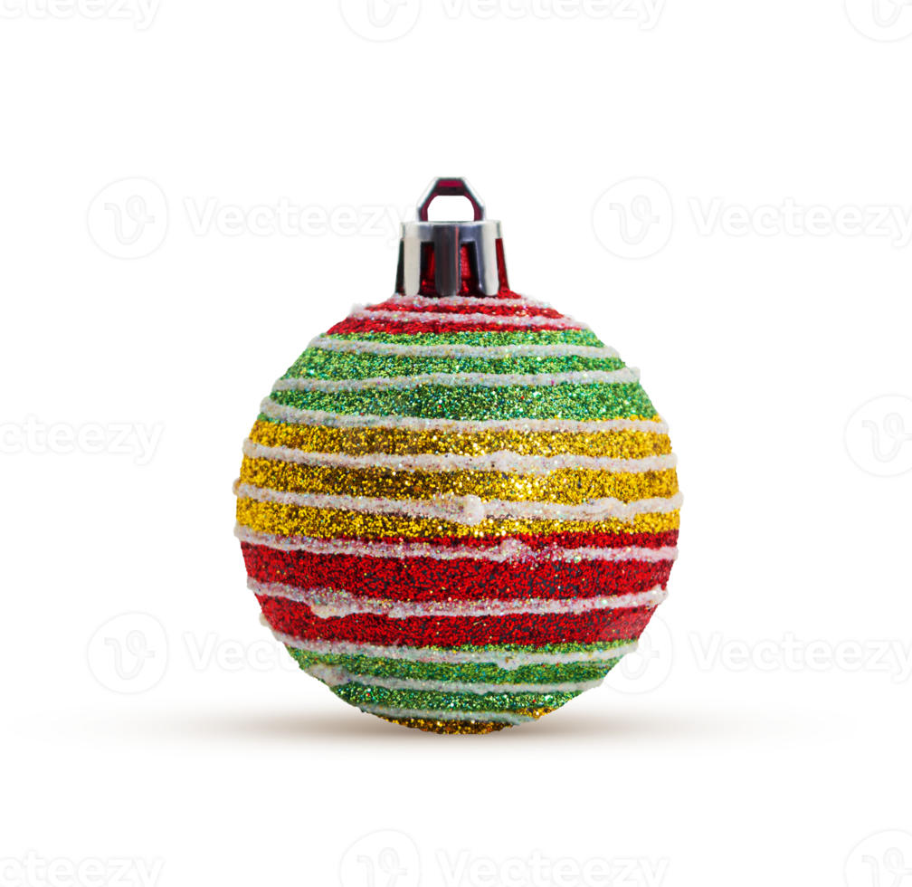 Shiny red yellow green striped ball with shadow on isolated background. Christmas, New Year, design element. Copy space png