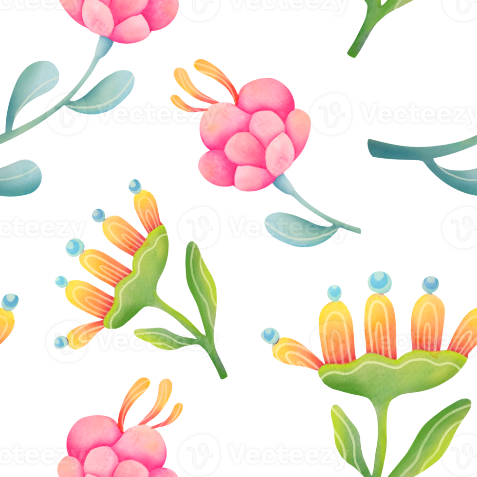 magical plants highlighted on transparent background. fantastic neon flowers seamless pattern. Bright unusual Fantastic alien magic plants. watercolor botanical print for textile, packaging paper png