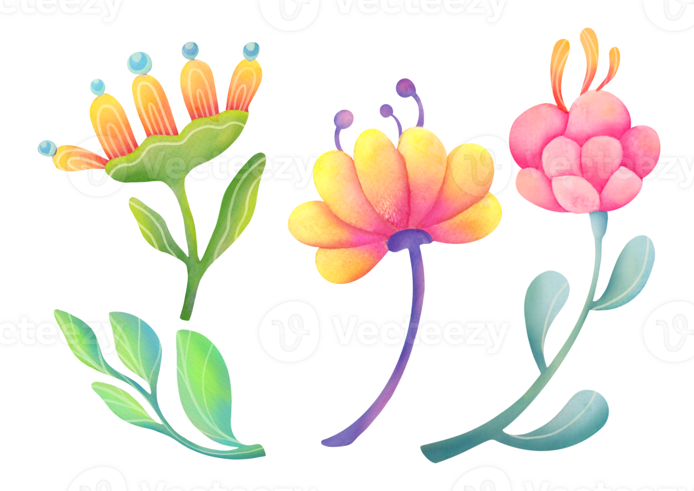 Set of magical plants highlighted on transparent background. fantastic neon flowers collection. Bright unusual Fantastic alien magic plants game asset. watercolor botanical clip art illustration png