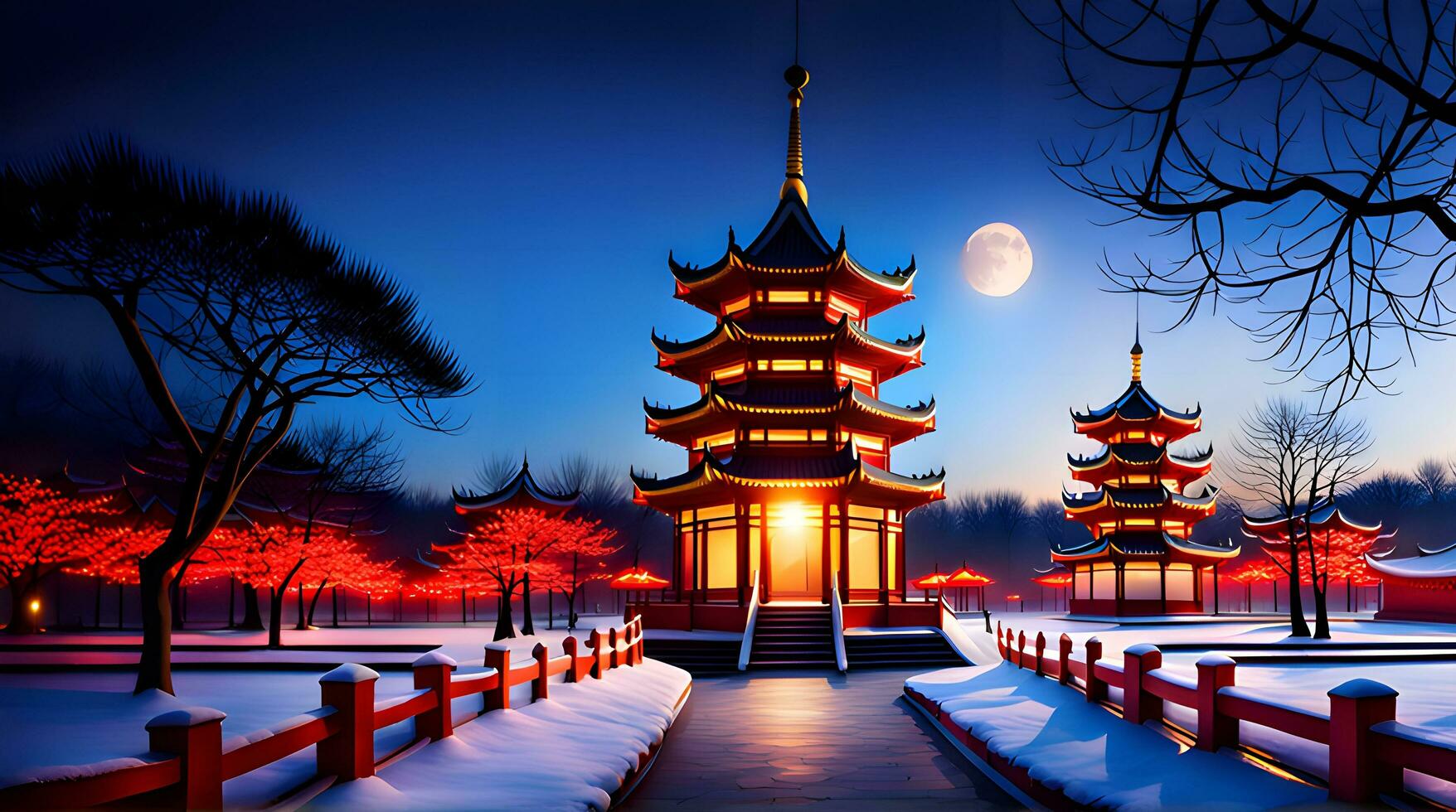 AI generated Winter background, nature with Chinese pagoda and blooming plum trees. Lunar New Year photo