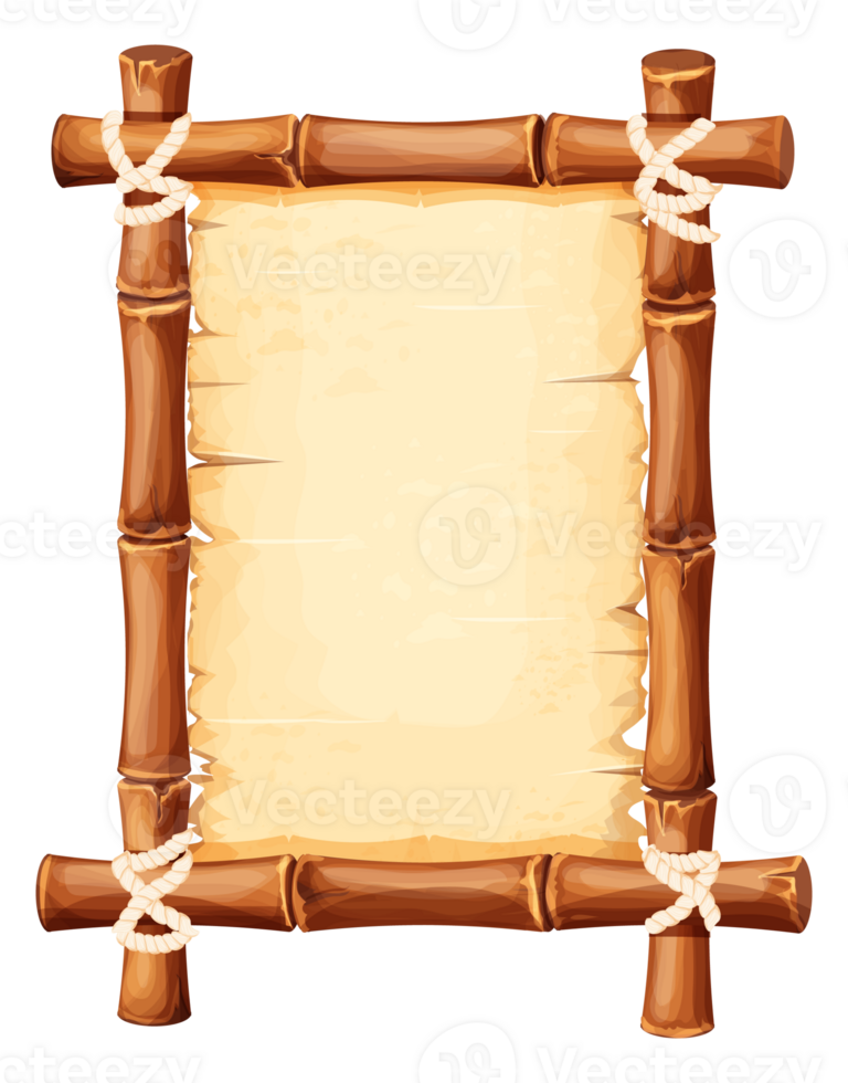 Bamboo frame with old parchment paper decorated with rope in cartoon style isolated on white background. Game ui board, sign. Vector illustration png