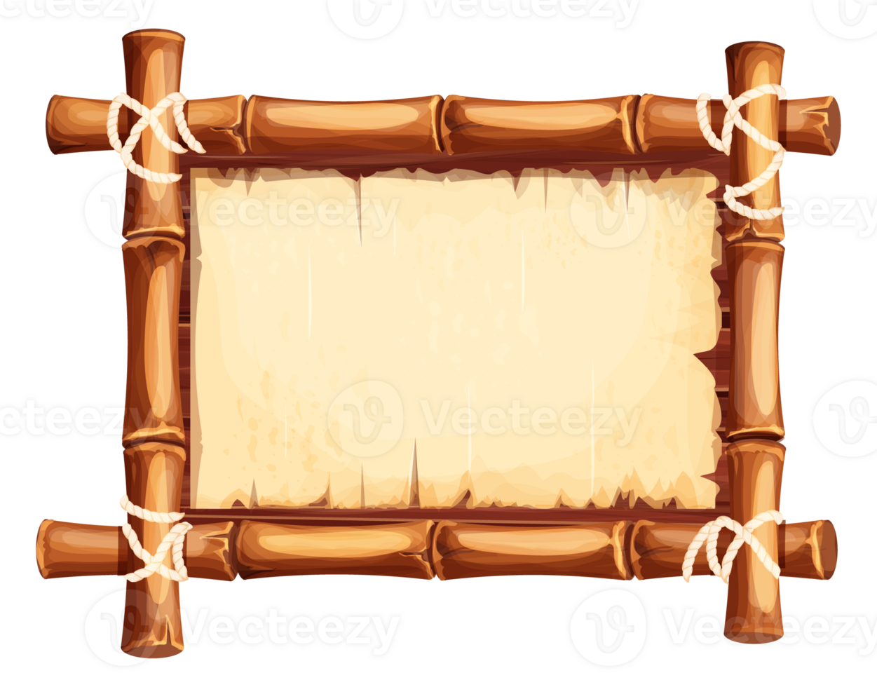 Bamboo frame with old parchment paper decorated with rope in cartoon style isolated on white background. Game ui board, sign. Vector illustration png