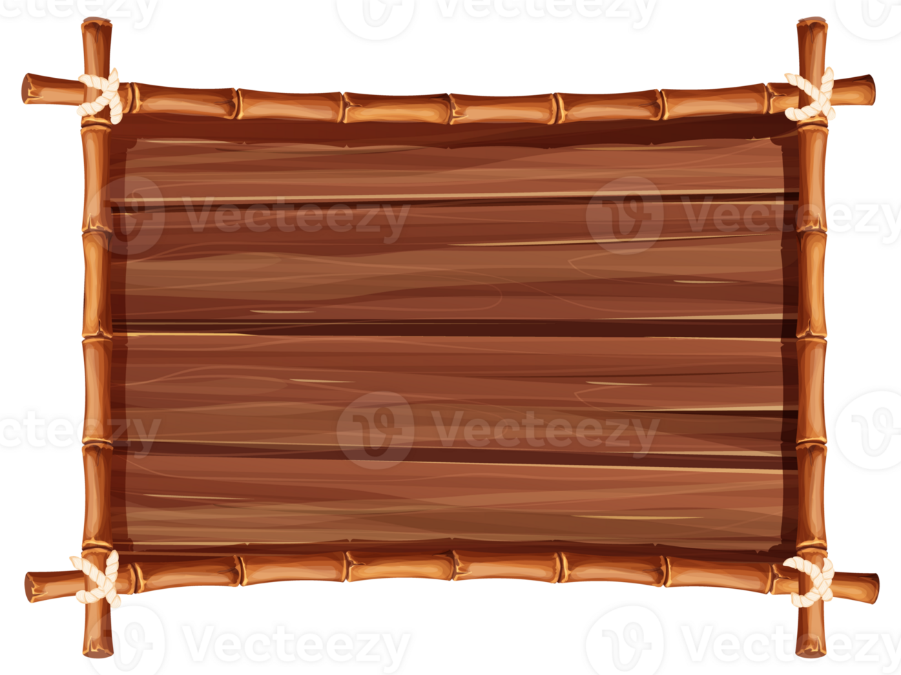 bamboe kader van stokjes en touw met houten plank, bureau in tekenfilm stijl, grens geïsoleerd Aan wit achtergrond. tribal paneel, spel menu. vector illustratie png