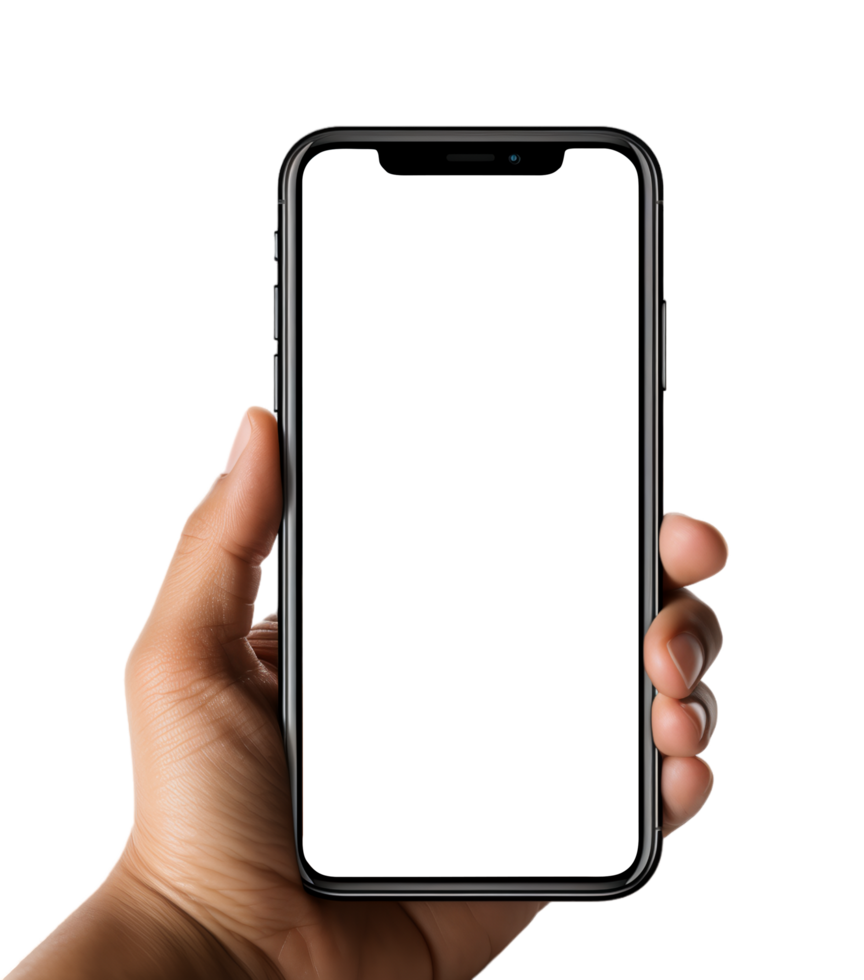 AI generated cell phone mockup held in hand, blank screen isolated on transparent background, generative ai png