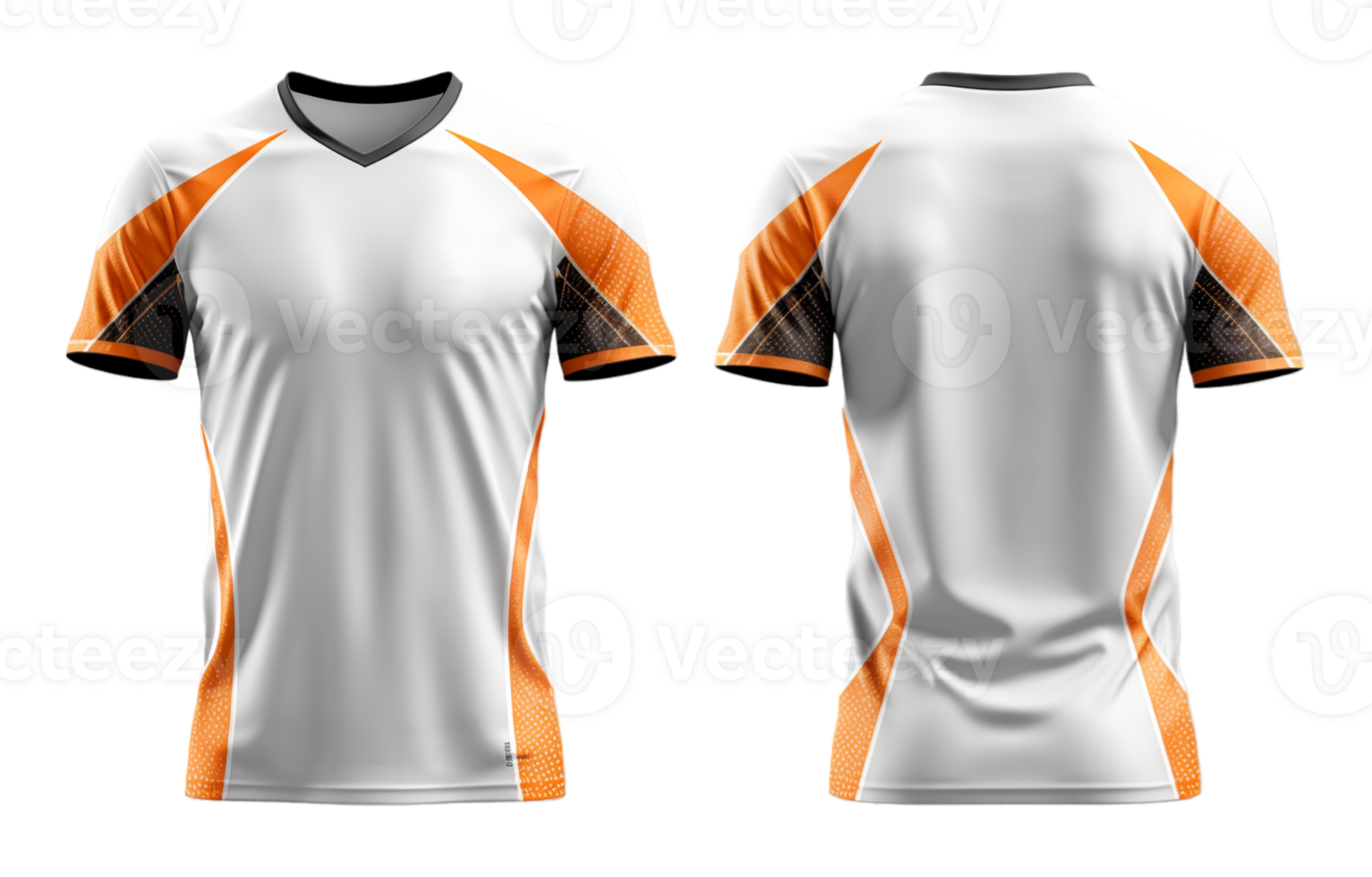 ai gegenereerd oranje en wit sport- t-shirt, Jersey mockup ontwerp met voorkant en terug keer bekeken, generatief ai png