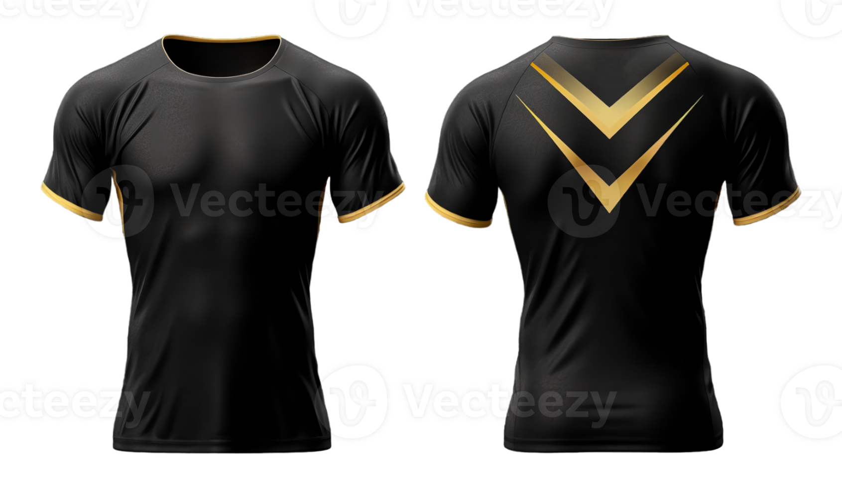 ai generiert schwarz Sport T-Shirt mit Gold Muster, Jersey Attrappe, Lehrmodell, Simulation Design mit Vorderseite und zurück Ansichten, generativ ai png