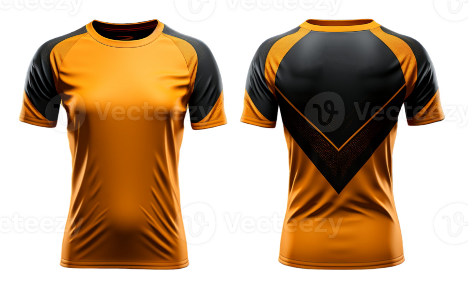 AI generated orange sports t-shirt with black pattern abstract, jersey mockup design with front and back view, generative ai png
